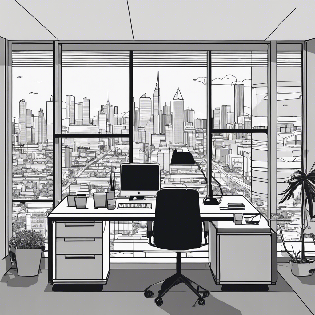 Modern office space with panoramic city view, illustration in the style of Matt Blease, illustration, flat, simple, vector
