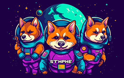 logo design of a group of anthromoporphic shiba dressed in sci-fi battle gear with spaceships and planets behind them, 2d, purple and blue colors, vector, amazing-logo-design
