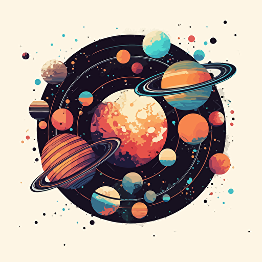 vast galaxy full of planets, stars, stylized, vector art, vector logo, emblem, simple, 2D