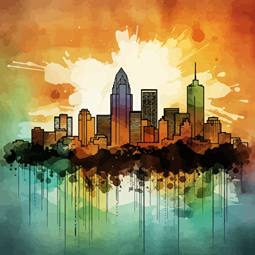 uptown Charlotte North Carolina skyline abstract watercolor painting by nick manley, in the style of digital gradient blends, simplistic vector art, etam cru, dark emerald and amber, splattered/dripped, ai weiwei, horizons