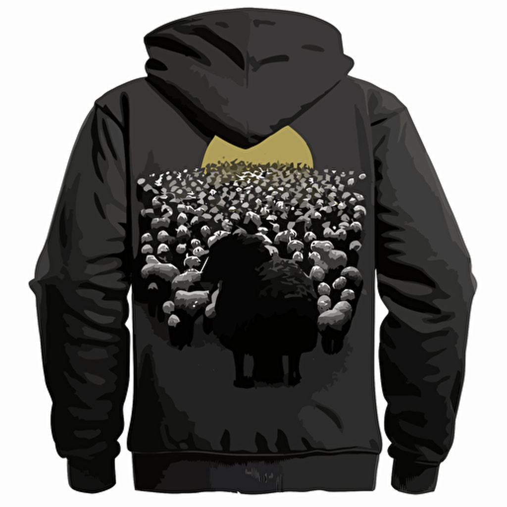 black hoodie with some beautiful picture in the middle of herd of sheeps, but in middle is one black 2d vector simple on the back.