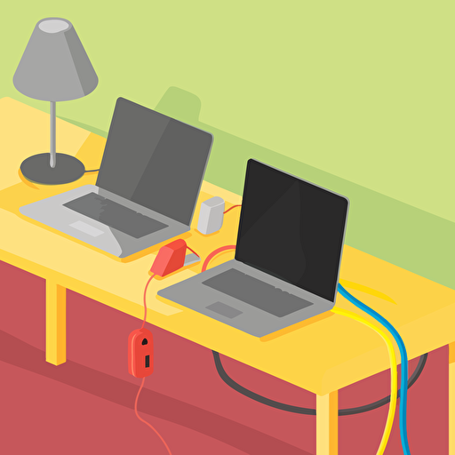 light and colorful vector image showing extension cords plugged into a a latop sitting on a desk