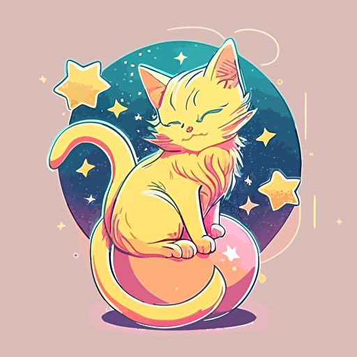 simple, 2d, cartoon, vector, vector art, emblem, kitten commet gold ball, pastel, neon, vector logo,