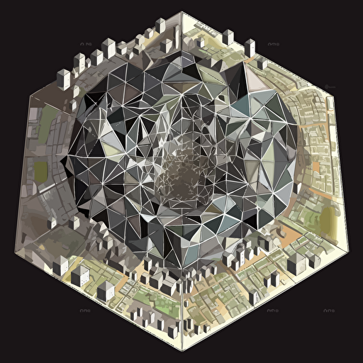 geometric, ancient, summarian, Urban Master plan of a city downtown made of cuboctahedron, vector equilibrium, vector equilibrium Urban Master plan
