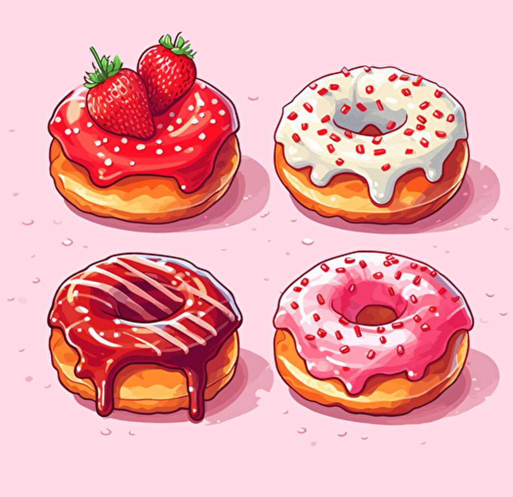 five different donut cartoon illustrations, set of three vector illustration, in the style of albert goodwin, light pink and red, neon grids, jillian tamaki, masterful shading, cranberrycore, catcore
