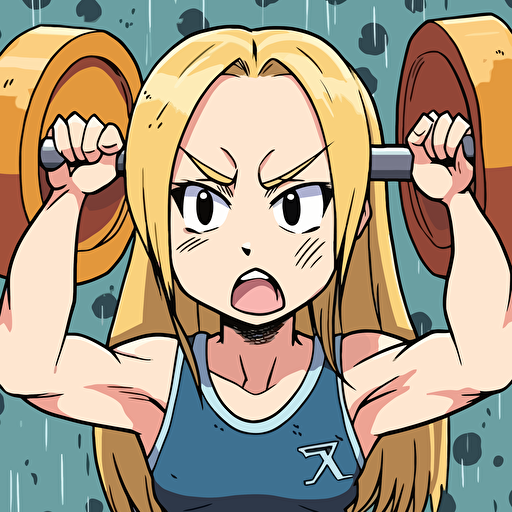Mugi from K-ON anime manga wearing SDB GEAR doing powerlift overhead press in the style of K-on anime, face displayed a strained expression, sweat dripping from the furrowed brow, and tongue lolling out in exertion, empty background