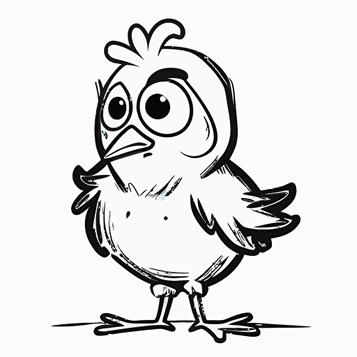 cute hen in farm, big cute eyes, pixar style, simple outline and shapes, coloring page black and white comic book flat vector, white background