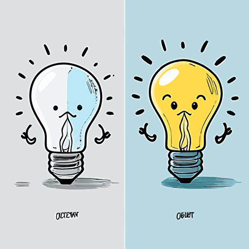 draw a 2D vector, cartoon, cute, happy light bulb, a simple drawing, in color but bordered with a black line, flat drawing and without details on a white background.