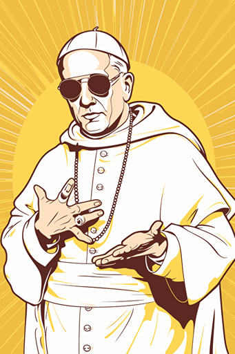 pope francis, wearing a white stylish gen z popstar suit, 80s comic style vector poster