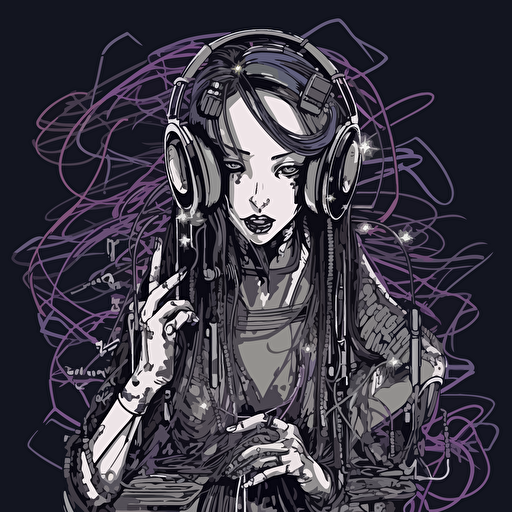 cybergoth dj cyborg attached to 20 cables, mixing the music expertly, japanese cybergoth style, design, 2d, vector