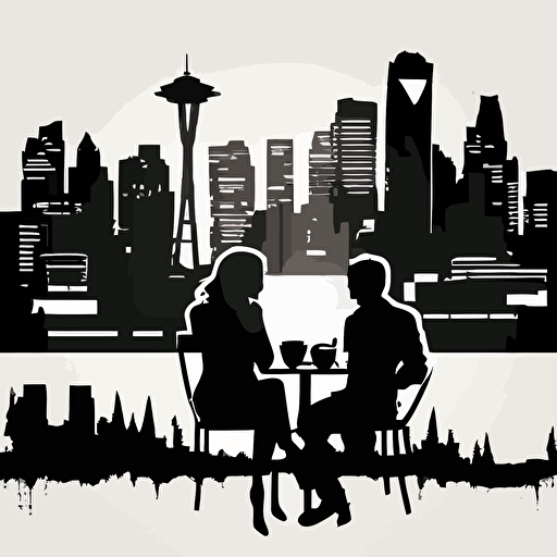 Illustration of an urban environment of two people drinking coffee in the background of the Seattle city skyline silhouette, vector isolated on the white back ground