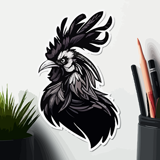 rooster Sticker, Enthusiastic, Dark, Minimal, Contour, Vector, White Background, Detailed