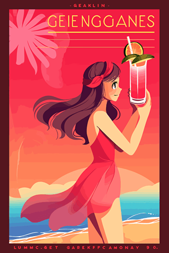1970's advertisement long drinks, summer, beach party, art deco, vector, minimalistic,