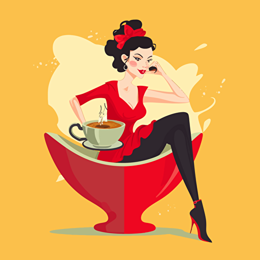 Pin up girl sitting in a cup of coffee, vector flat, PNG, SVG, vector illustration