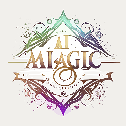 Emblem logo, text is “Ai Magic Guild”, it has a slight nuance of advanced technology, Each piece has been treated with a set of fresh gradient colour combinations, vector, simple, flat, plain,smooth, low detail, minimal, white background