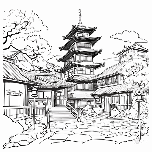 Landscape. Japanese Style City. Wooden Architecture. No Shadow. Cartoon. Coloring page. Vector. Simple.