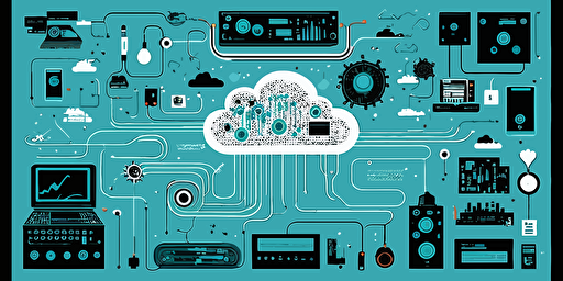 vector minimalistic illustration, networking cloud electronic board IoT internet of things embedded systems, all connected, light blue and black,