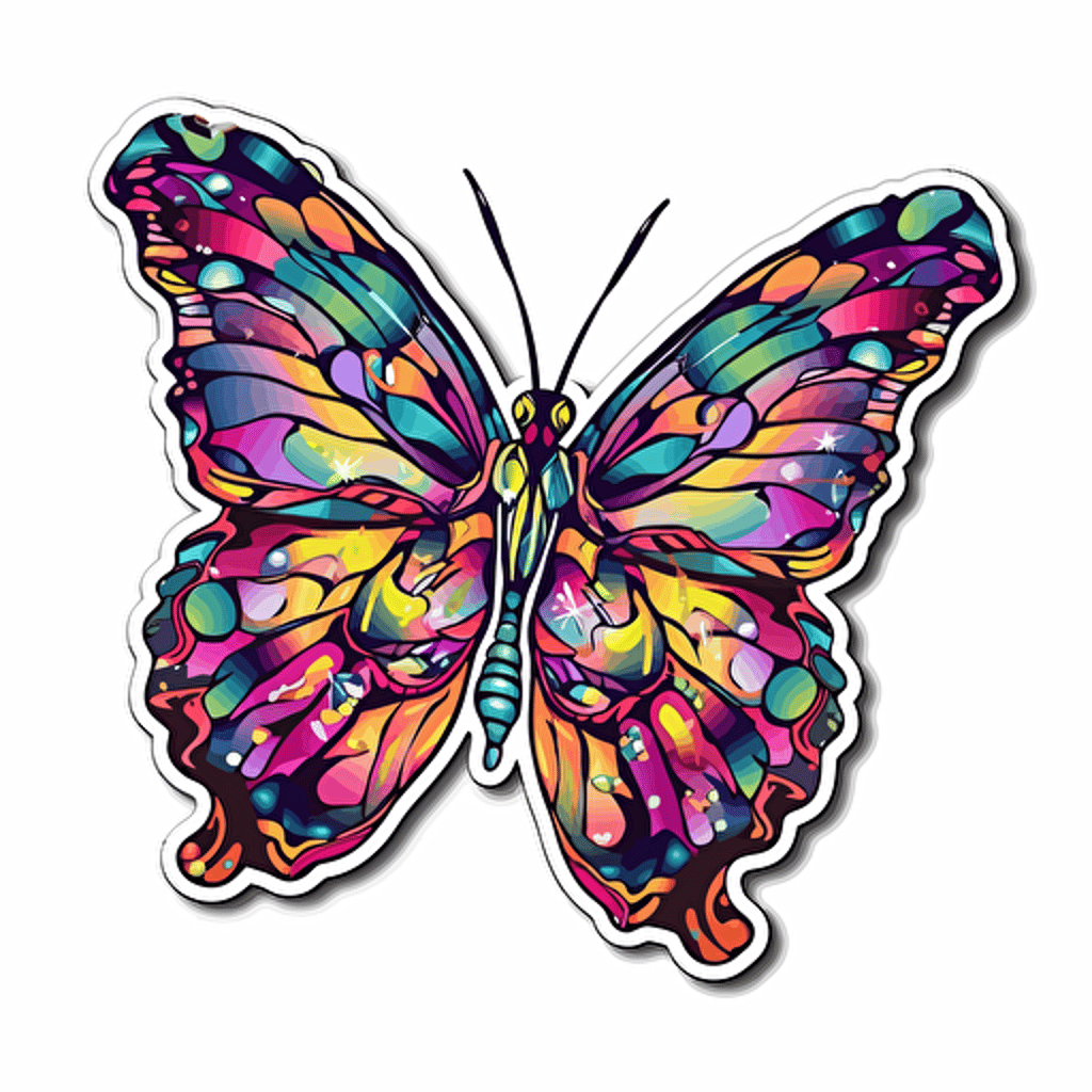 butterfly, lisa frank style, sticker, white background, contour vector, view from above, attention on detail and proportions