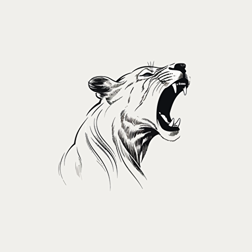 vector art of a lioness roaring, one line, logo style, black and white, white background, simplistic draw