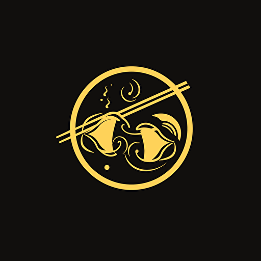 Simple logo design of hot pot restaurant, Hotpot with fish and meat inside, a pair of chopsticks, flat 2d, vector, company logo, by Kazi Mohammed Erfan, yellow color, black background