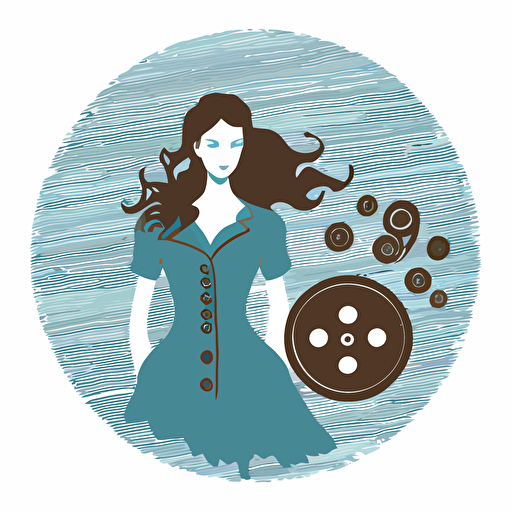 simple logo circular thread and buttons with backside of a brunette wearing a blue dress in the middle. Vector. Artistic. Boutique.