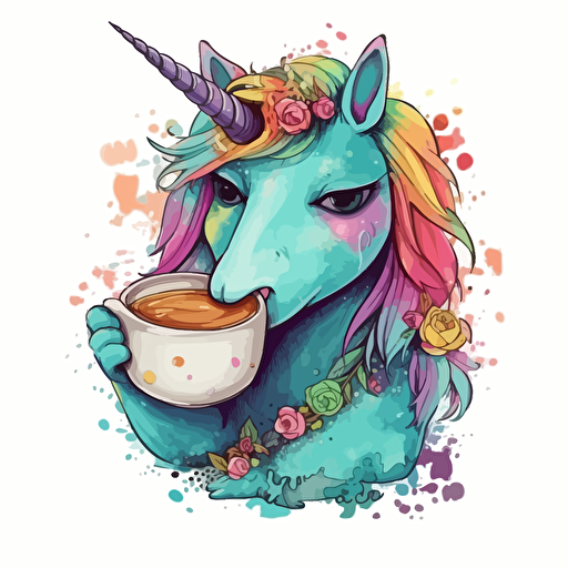 vector hand drawn rainbow color unicorn drinking coffee