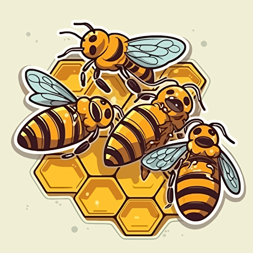 Various Bees on a Honeycomb, Saturday Morning Cartoon Style, Sticker, Vector