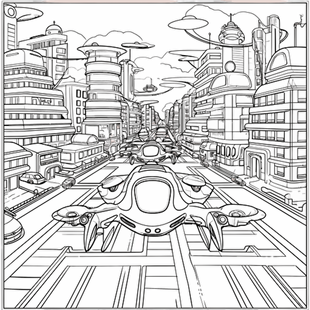 Futuristic City. Many Flying Cars. No Shadow. Cartoon. Coloring page. Vector. Simple.