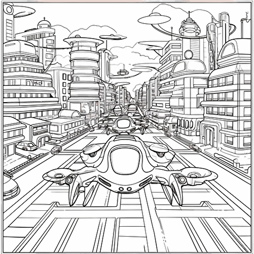 Futuristic City. Many Flying Cars. No Shadow. Cartoon. Coloring page. Vector. Simple.
