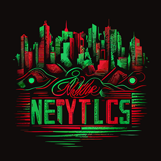 new york city skyline in a tribe called quest cover style, red and green on black background, vector illustrated, flat design