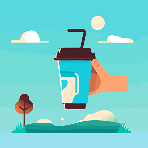 2d vector illustration, a hand dropping a translucent cup into a trash receptacle, the cup is floating in mid air towards the receptacle, no straw, grass, blue sky, wrist band, signage