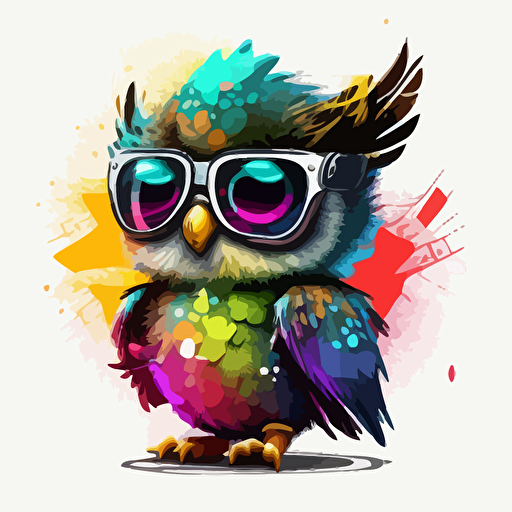 a very cute baby owl wearing very big sunglasses dressed up as a rock star, as a cartoon type, as a vector, white background, bright graffiti colors