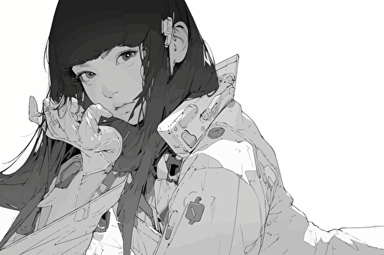 Cyberpunk girl Ilya Kuvshinov Yoshitaka Amano core fashion shoot, white background, vector style outline, black and white, simple outline,