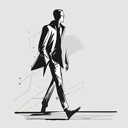 /an illustration of a men with long legs , disproportionate to his body, walking sideways, black and white. outline, vector, imprefeect stroke. modern, cool, creative