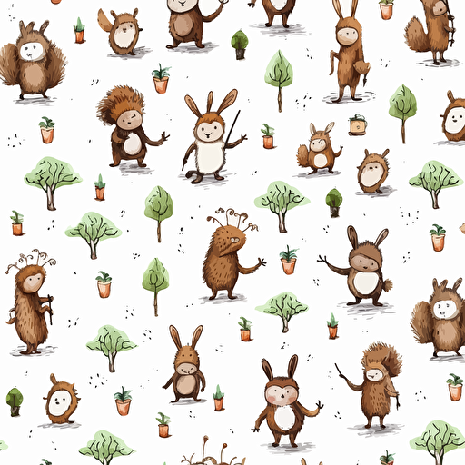 little forestwood creatures, seamless pattern, tile pattern, white background, vector, by banksy