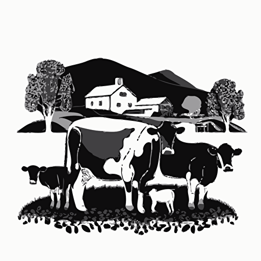 rolling feilds farm with close up of cows in style of charles williams, black and white, flat, vector, line drawling, white background ar 1:1