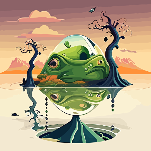 Inspired by Salvador Dalí's Surrealism, create a vector illustration of a whimsical landscape where frogs and humans interact in unusual, dreamlike scenarios. Use distorted perspectives and a vivid color palette. Set the scene in an imaginative world.