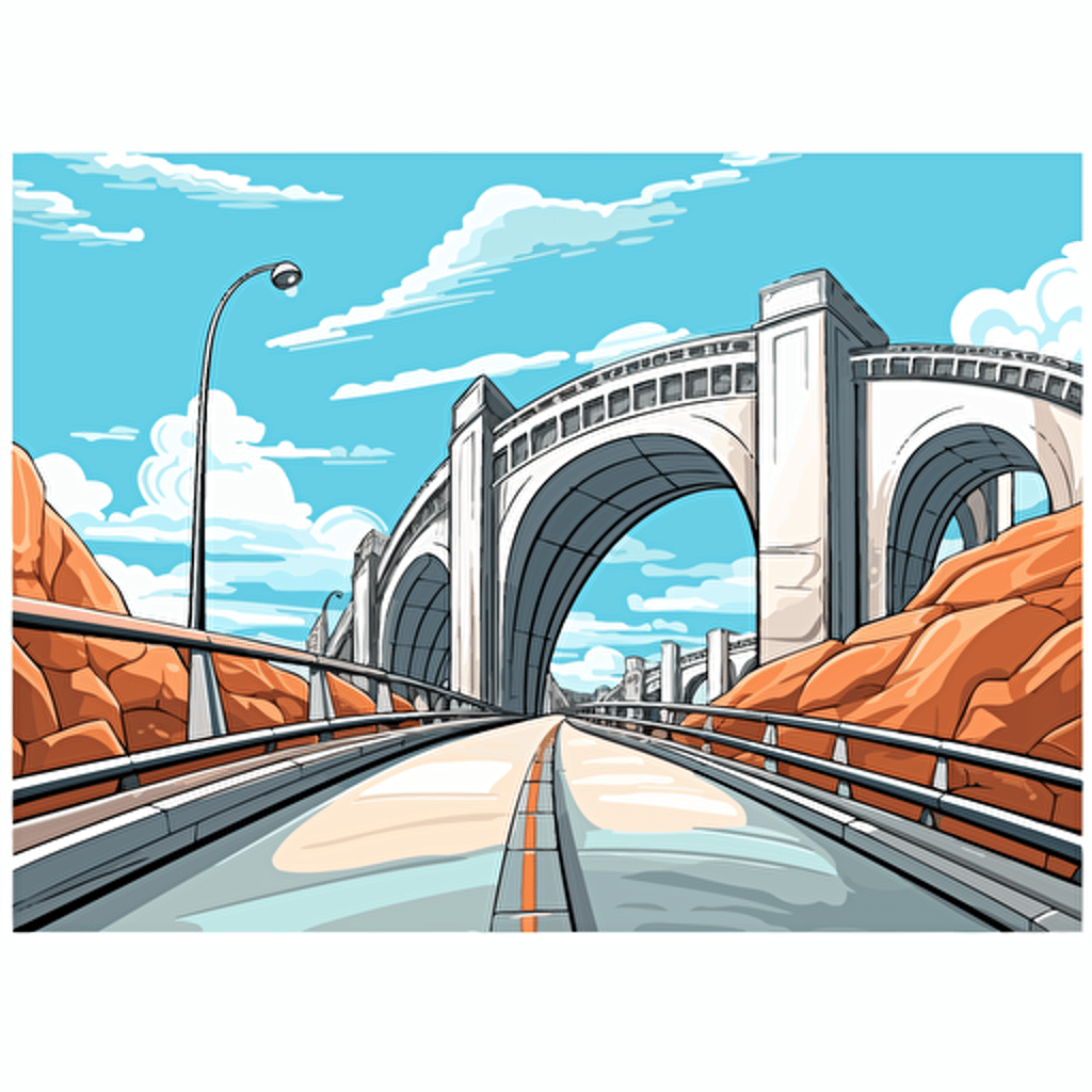 draw vector cartoon art style on white background road from right to left over bridge with few high arches without scenery, use perspective