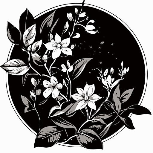 a vector of a jasmine flower black and white logo, circle around the flower, artists of Public Memory