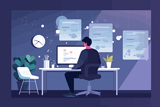 person in an office scrolling through social media, flat style illustration for business ideas, flat design vector, industrial, light and magical, high resolution, entrepreneur, colored cartoon style, light indigo and dark indigo, cad( computer aided design) , white background