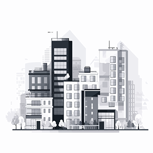 Real estate Illustration, buildings, appartments, money, adobe Illustrator, vector, flat design, black and white illustrations, pure color background, very simple,