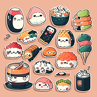 Create a collection of vector stickers featuring different types of Japanese kawaii-inspired food items, such as sushi, ramen, onigiri, and tempura, designed with cute faces, vibrant colors, and adorable, exaggerated expressions to emphasize the kawaii aesthetic.
