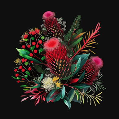 A collection on black with australian bottlebrush,christmas lights, watercolour, vector, clipart, christmas, intricate, ultra-detailed, vivid colours, high definition, UHD