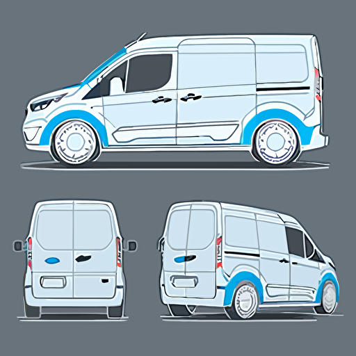 silhoette of ford transit connect, white color, gray background, blue highlights, simple design, vector cartoon style, white outline over silhouette