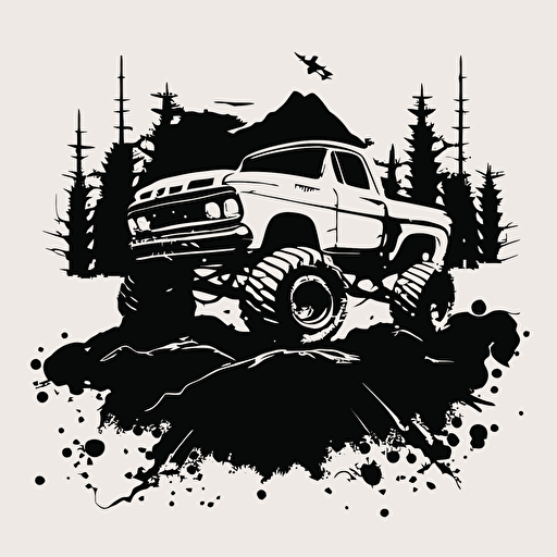 simple Ford f150 Bigfoot monster truck driving over crushed cars black and white vector clipart