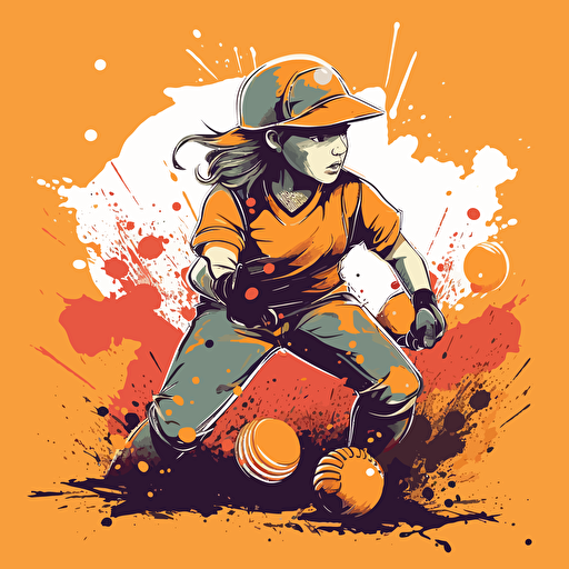 Vector illustration of a little girl baseball player hitting a baseball in vivid colors