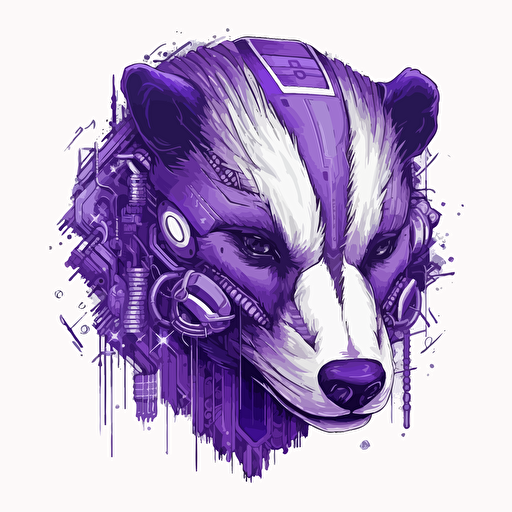 Badger head, shield, cyberpunk, cybersecurity vector art, hacker, hacking, white background, purple tones, no image noise, hyper detailed, maximum detail