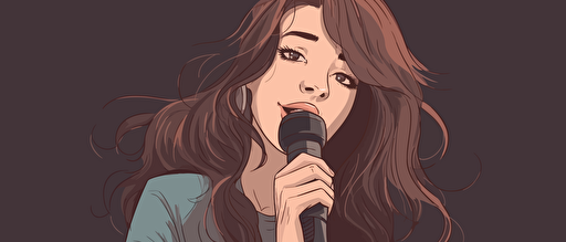 A girl speaking in front of a microphone, muted colors, 2d vector illustration with a grey background