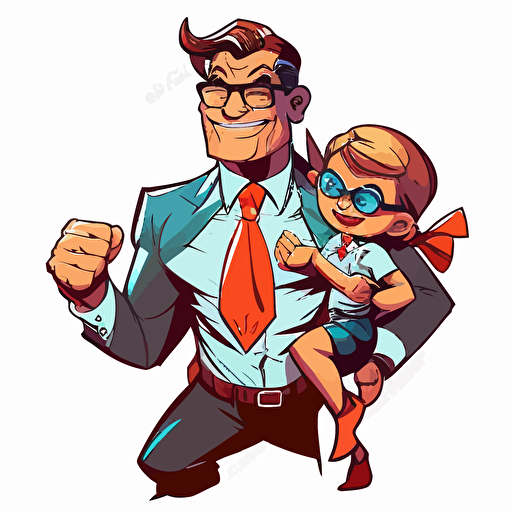 Superhero dad wearing a tie, Clipart, joyful, Primary Color, Disney, Contour, Vector, White Background, Detailed
