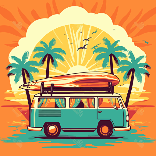 vector style flat surf van on a beach with surf boards on it, colorful